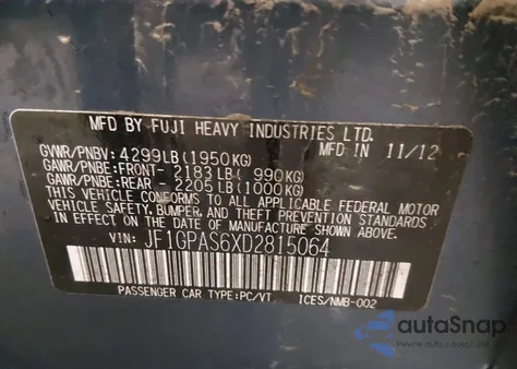 2013 Subaru Impreza 2.0I Sport Limited z USA, uszkodzony, nr VIN JF1GPAS6XD2815064